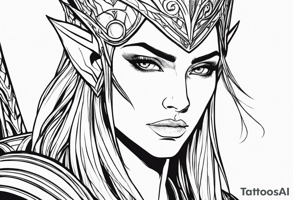 Sketch a 3/4 profile of an androgynous elven warrior with a majestic, epic, and heroic facial appearance and short hair in a fantasy comic book style. Sketch only in simple, clean contour lines. Sketch with dynamic movement rendered only in thick outer lines of black ink, with only outer strokes and contours. The genderless elf's face has a serious, resolute expression, and the figure holds an ornate sword in his hand. Create a backdrop with the moon and mountains on the horizon forming the setting behind the character. The figure has narrow eyes, furrowed brows, and lips pressed into a thin, strong line, demonstrating unwavering determination framed by the silhouette of a royal crown of metal leaves. The elven features are defined by hard, defined cheekbones, an angled, defined forehead, a hard, strong jaw, and strong, pointed ears. Sketch only with outer contours in black ink; art should be high contrast black and white only. Sketch is just outer lines with black ink concept art style, developed for fantasy comic book characters tattoo idea