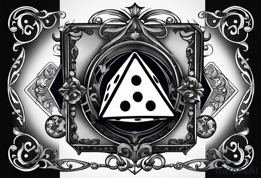 A tattoo design featuring a dice on a forearm, with the words “RISK” and “RICH” displayed on opposite sides of the dice. The dice has a 3D effect, shaded in black and gray to give it depth and realism. Decorative swirls and subtle scrollwork surround the dice, adding elegance to the design. This tattoo symbolizes the gamble and balance between risk and reward in the pursuit of success, capturing the idea that fortune often requires courage. The design has a bold, monochromatic look, making it visually striking and meaningful. tattoo idea