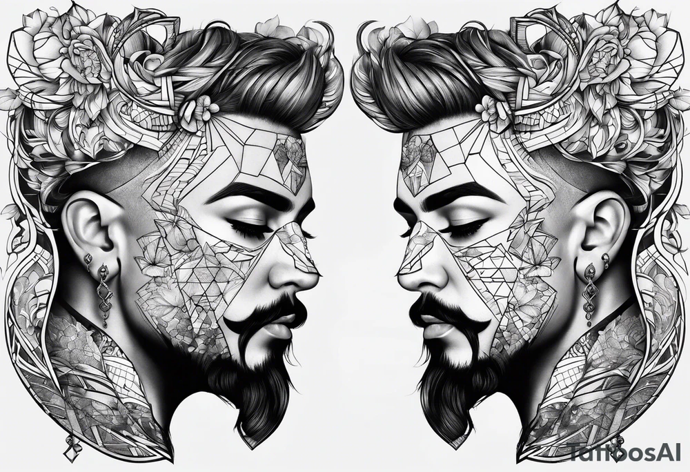 fine line tattoo, geometric figures, a face, time tattoo idea