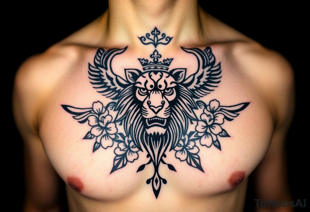 powerful majestic lion with a crown, surrounded by floral ornaments and birds tattoo idea