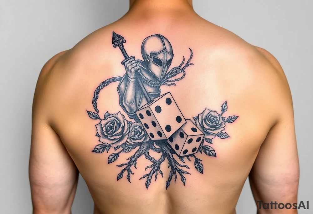 squid, knight intertwined with roses and tree roots rolling dice tattoo idea