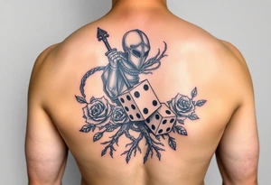 squid, knight intertwined with roses and tree roots rolling dice tattoo idea