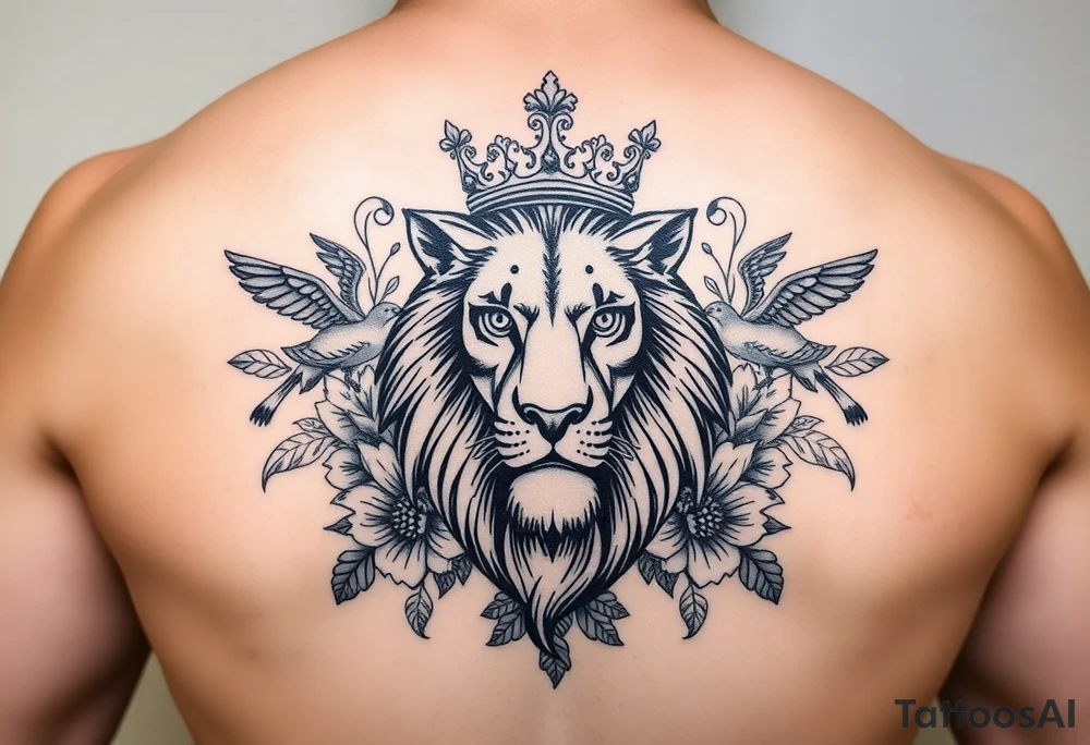 powerful majestic lion with a crown, surrounded by floral ornaments and birds tattoo idea