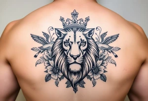 powerful majestic lion with a crown, surrounded by floral ornaments and birds tattoo idea