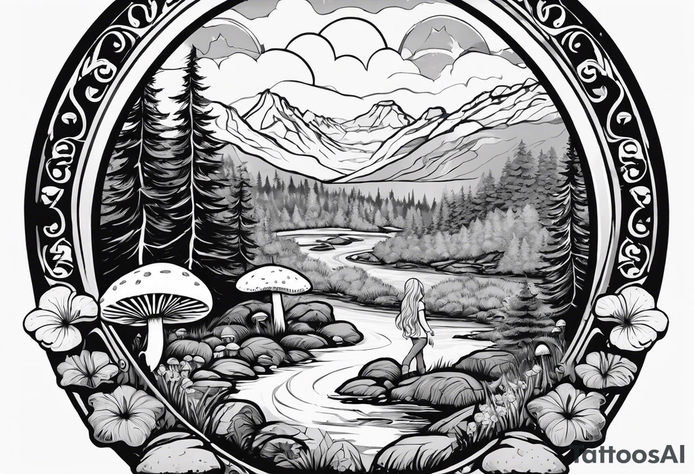 Whole picture encircled fully

Straight long blonde hair hippie girl in distance holding mushrooms in hand facing away toward mountains and creek surrounded by mushrooms long sleeve shirt and hiking pants; whole rendering within a full circle, no cut off circle tattoo idea