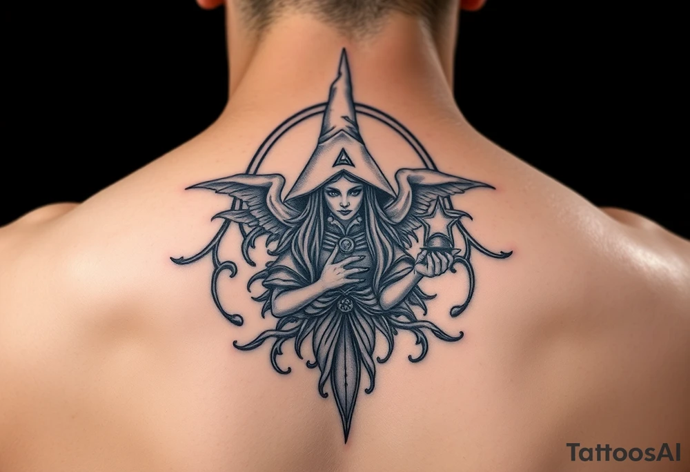 powerful wicca witch surrounded  with magic tattoo idea