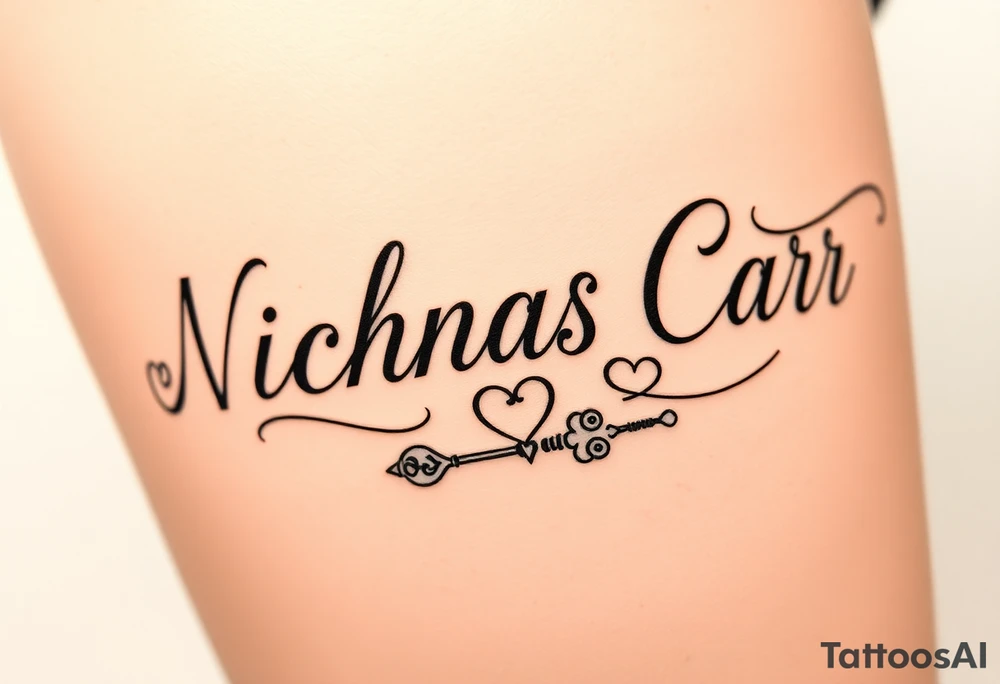The name Nicholas Carr in Cursive font writing with creative swirls running with the letters spelling With a fancy heart and key in it at the end. tattoo idea