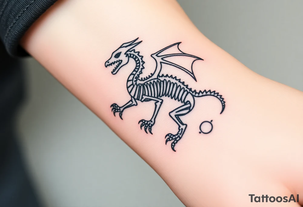 Tattoo for stardust dragon from yo gi oh 
A modern, minimalist approach using very thin black lines to outline the dragon's skeleton, surrounded by small geometric circles representing cosmic orbits or Synchro rings.
Key Feature: High precision and a clean, sophisticated look. tattoo idea