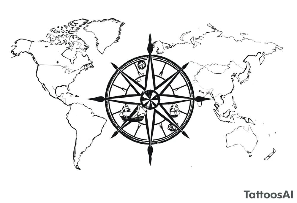 antique compass rose overlaid on weathered world map with sailing ships tattoo idea