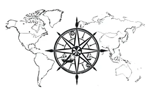 antique compass rose overlaid on weathered world map with sailing ships tattoo idea