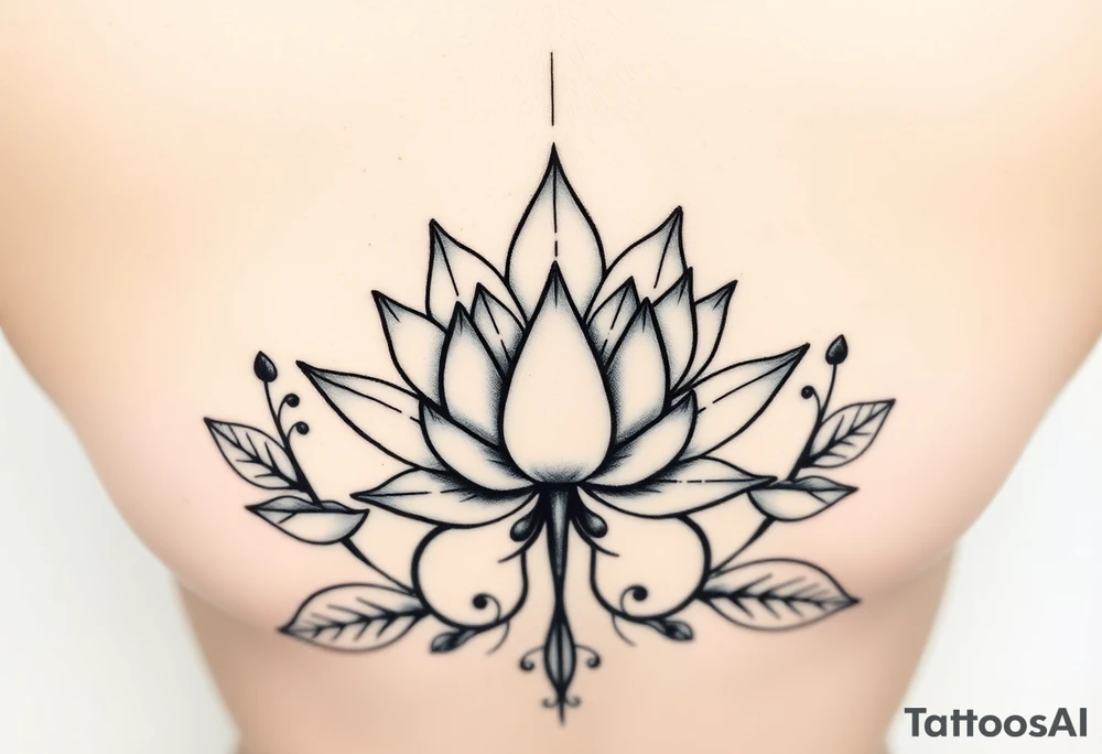 Symmetrical Lotus unalome with stems and leaves under bust tattoo idea