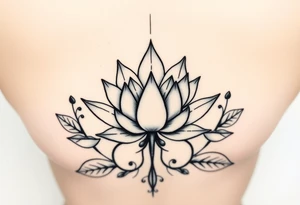 Symmetrical Lotus unalome with stems and leaves under bust tattoo idea