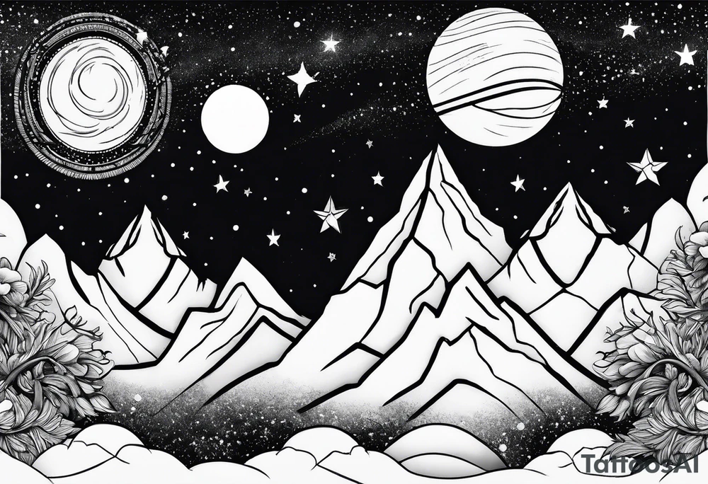 Mountains with planets and stars in the background tattoo idea