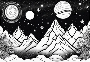 Mountains with planets and stars in the background tattoo idea