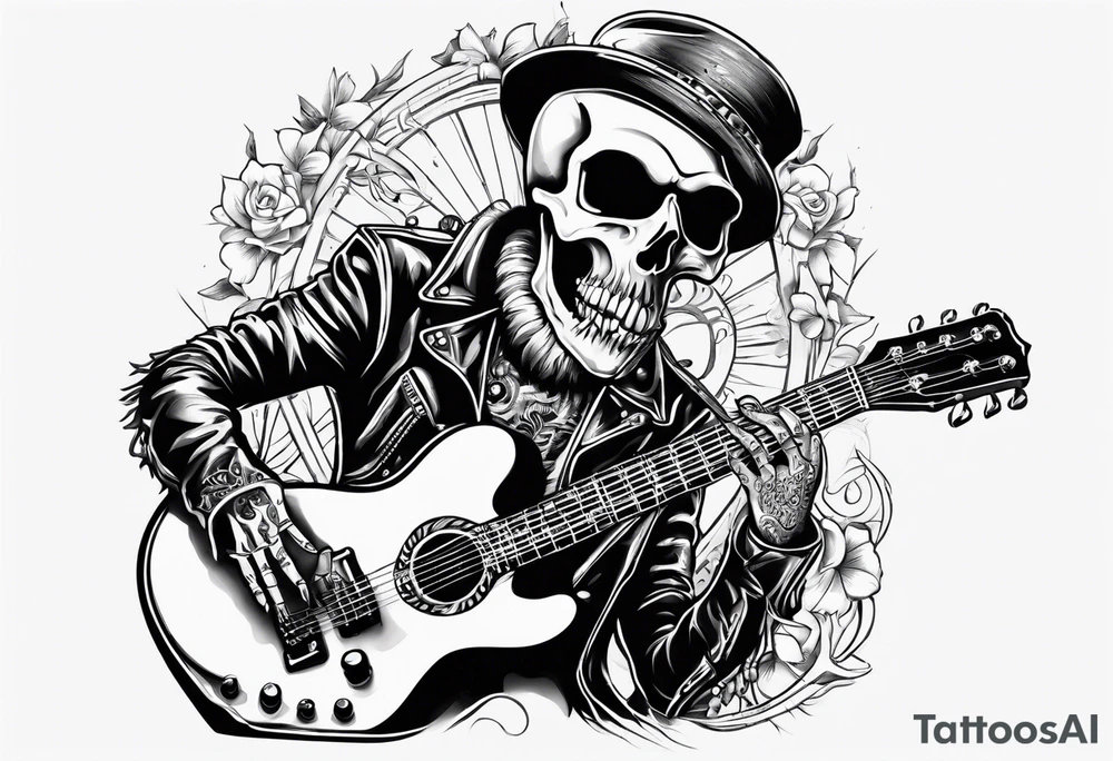 skeleton holding a guitar rock and roll punk rock singer tattoo idea