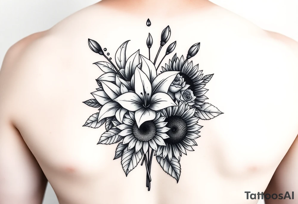 vintage bouquet of star gazer lillies and wild roses sunflowers with morning dew tattoo idea
