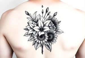 vintage bouquet of star gazer lillies and wild roses sunflowers with morning dew tattoo idea