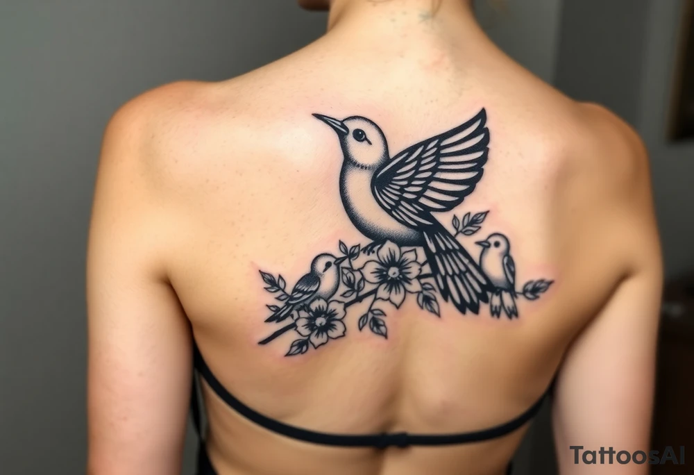 Mom bird and three baby birds with flowers tattoo idea