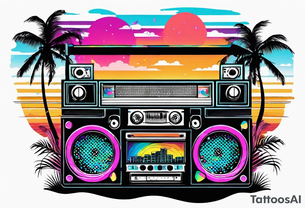 1980's style big boom box mith confetti, and music notes in the air, sound waves against miami vice style beach background, include sexy party goers tattoo idea