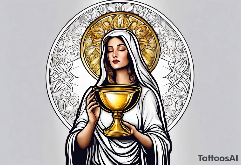 holy saint woman turned away with golden halo holding a chalice tattoo idea