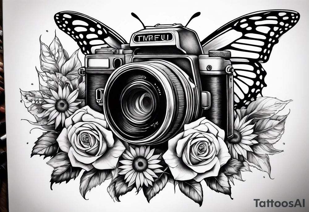 Butterfly, sunflower, camera, book, flower rose tattoo idea Butterfly, sunflower, camera, book, flower rose tattoo idea