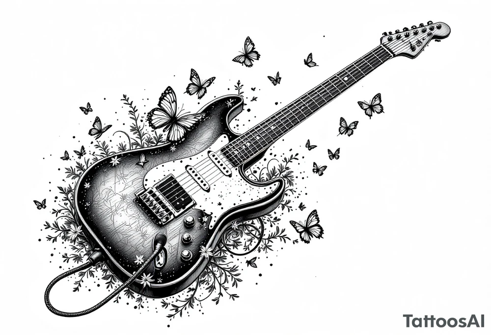 An electric guitar plugged into an amp with butterflies flying around it in memory of tattoo tattoo idea