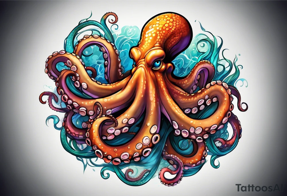 friendly looking, large and long octopus with multiple tentacles and suckers  that would be designed to drape around an arm tattoo idea