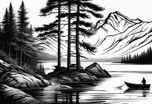 Sleeve tattoo windswept pine tree before lake with low cliff face on another side of lake. Mastiff silhouette in the foreground. with a dock coming out from the shore tattoo idea