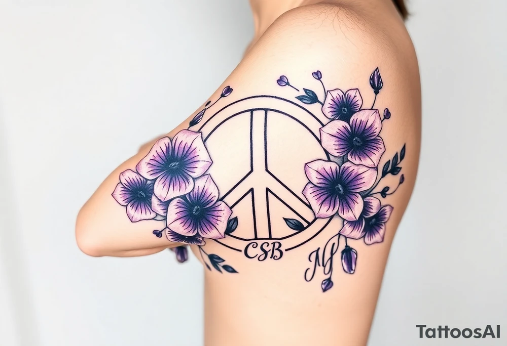 peace symbol intertwined with violets Pisces symbol, dog prints, amethyst, initials csb in cursive font tattoo idea