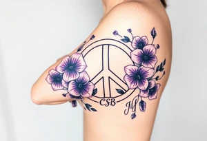 peace symbol intertwined with violets Pisces symbol, dog prints, amethyst, initials csb in cursive font tattoo idea