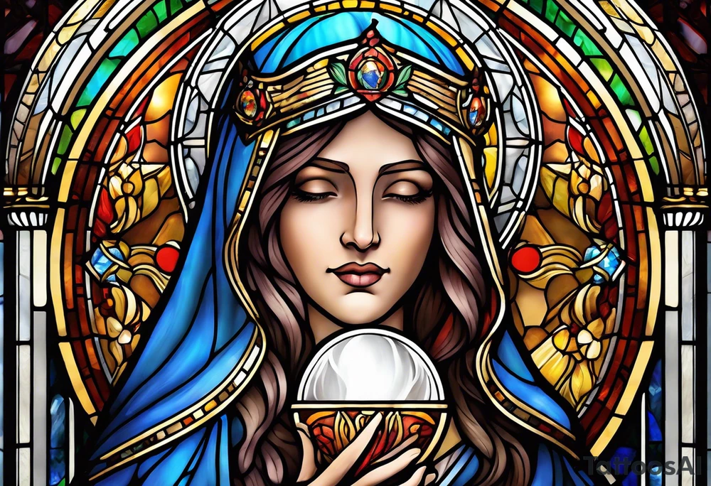 holy saint woman with halo stained glass holding a chalice tattoo idea