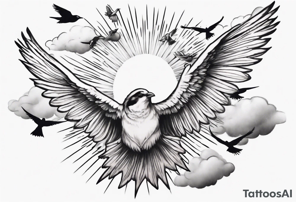 a shoulder tattoo with lots of rays of light in gradient, clouds and birds flying free tattoo idea