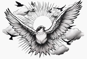 a shoulder tattoo with lots of rays of light in gradient, clouds and birds flying free tattoo idea