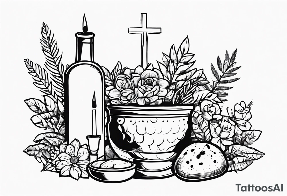 Rock altar, greenery, flowers, clay pot, communion, crown, wine, bread tattoo idea