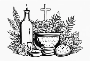 Rock altar, greenery, flowers, clay pot, communion, crown, wine, bread tattoo idea