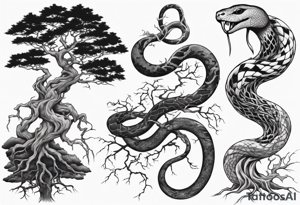 bare tree with a snake in the roots of the tree tattoo idea