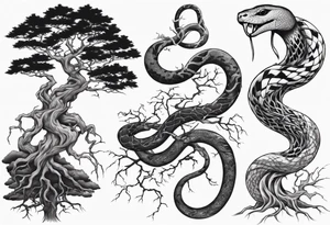 bare tree with a snake in the roots of the tree tattoo idea