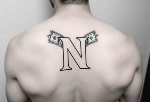 Small Letter N with a dollar bill coming out from the sides tattoo idea