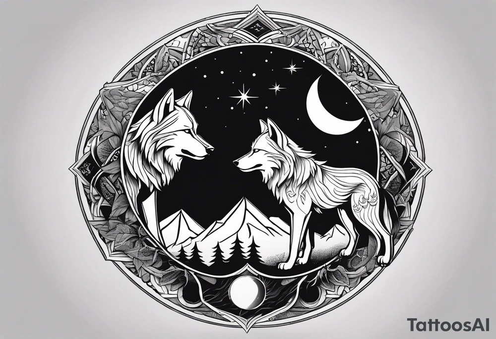 Two wolves—Sköll and Hati—one chasing the sun and the other chasing the moon. You could position them on opposite sides of a circular design with the sun rising and the moon setting at the top and bottom. tattoo idea