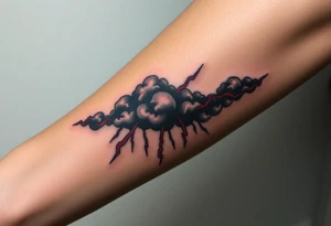 Dark, black menacing storm clouds with creepy red bolts of lightning & heavy rain coming down tattoo idea