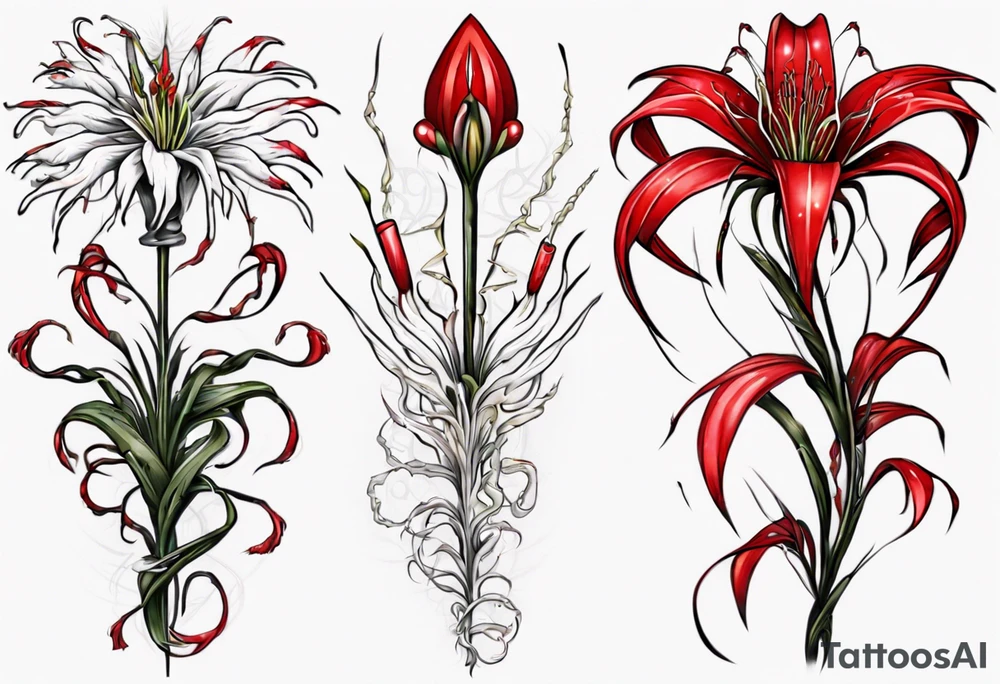 Red spiked spider lily a snake wrappes around the stem of the flower. tattoo idea