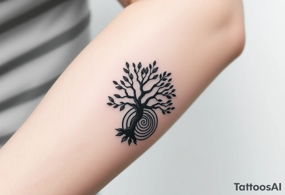 Tree with few leaves, with a SPIRAL line starting from the left side of tree and spiraling outward in a clockwise direction tattoo idea
