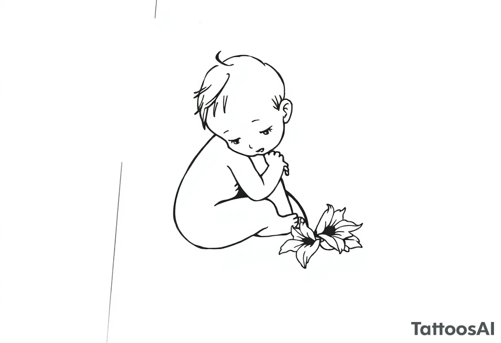 A simple tile floor with a minimalist outline of a curled up child sitting on the floor with a lily next to her tattoo idea