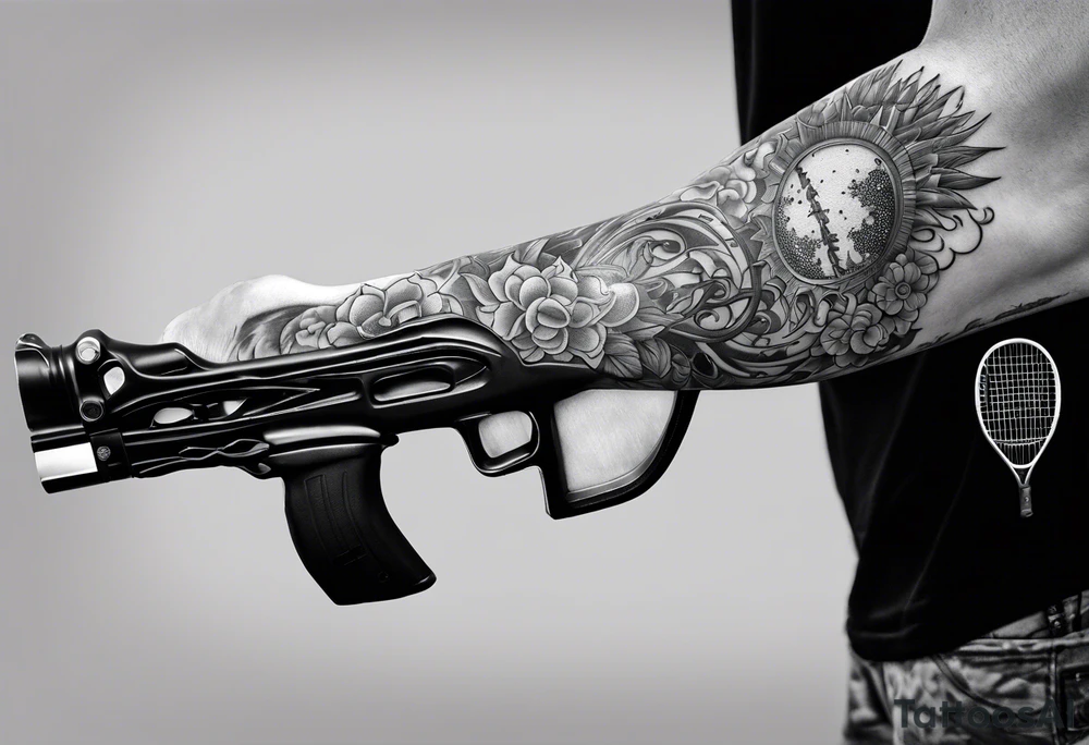 Arm tattoo sleeve with ak-47, tennis racket, fitness, motivational quote, sun, tattoo idea