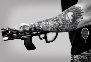 Arm tattoo sleeve with ak-47, tennis racket, fitness, motivational quote, sun, tattoo idea