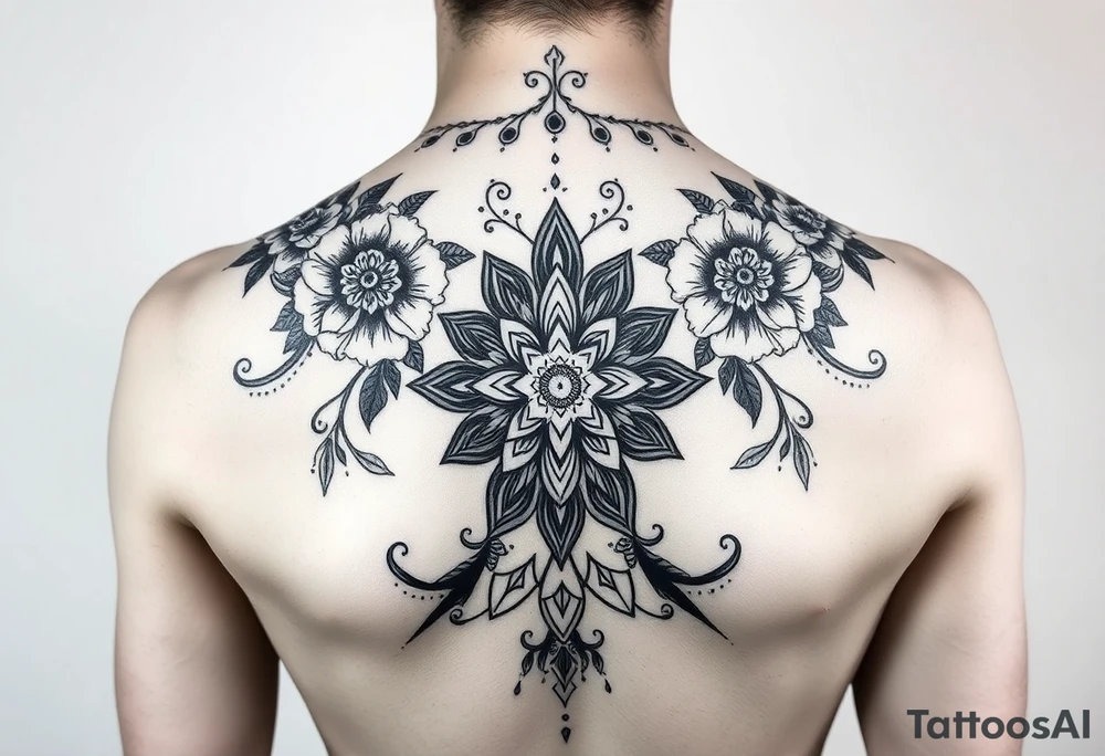 Feminine, full back tattoo, with matching florals on the shoulders and  with an hourglass in the middle and Mendala lines curving up the back tattoo idea