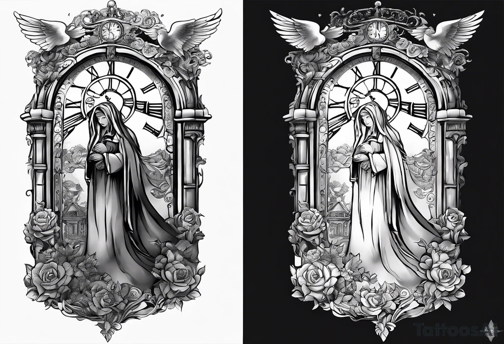 Forearm tattoo:
Mawmaw
07-05-38 / 09-23-24
Grandson and grandma walking up to the gates of heaven with the gates opened shinning bright with a cross and Doves flying around 
Big Busted clock behind it with the time of her death 7:00pm tattoo idea