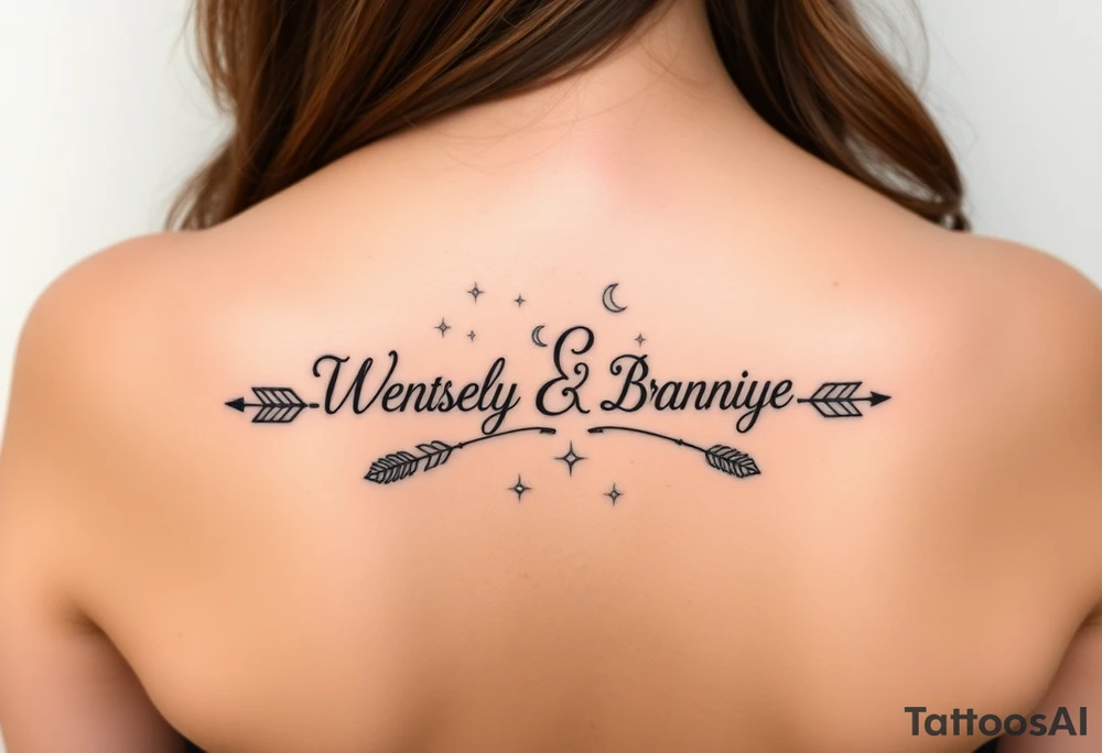 Name tattoo with Wesley, Brantley, Logan with entwined arrows and moons and stars tattoo idea