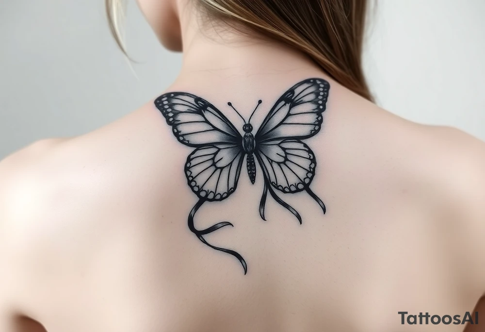 ethereal butterfly with flowing silk ribbons in moonlight tattoo idea