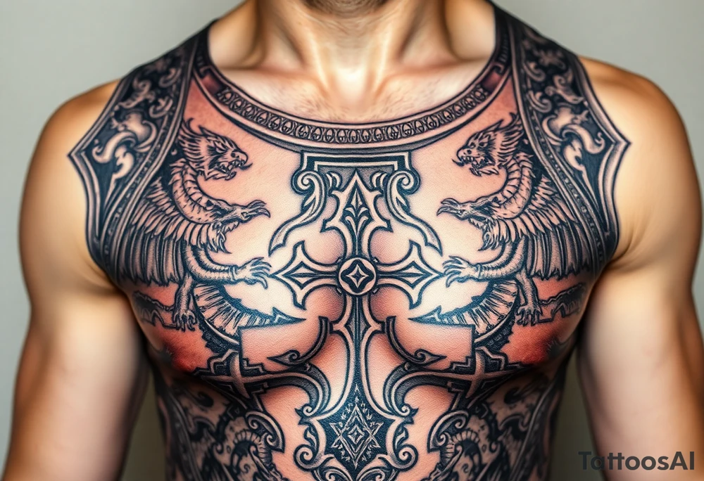 A close-up of an ornate Templar knight’s breastplate, with detailed engravings of dragons and templar cross tattoo idea